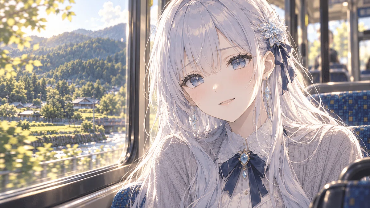 帰りのバスで窓から読者へ顔を向け、まだ一緒にいたい気持ちをにじませて微笑むツムギのアップ。灰色の羽織と午後の柔らかな光。