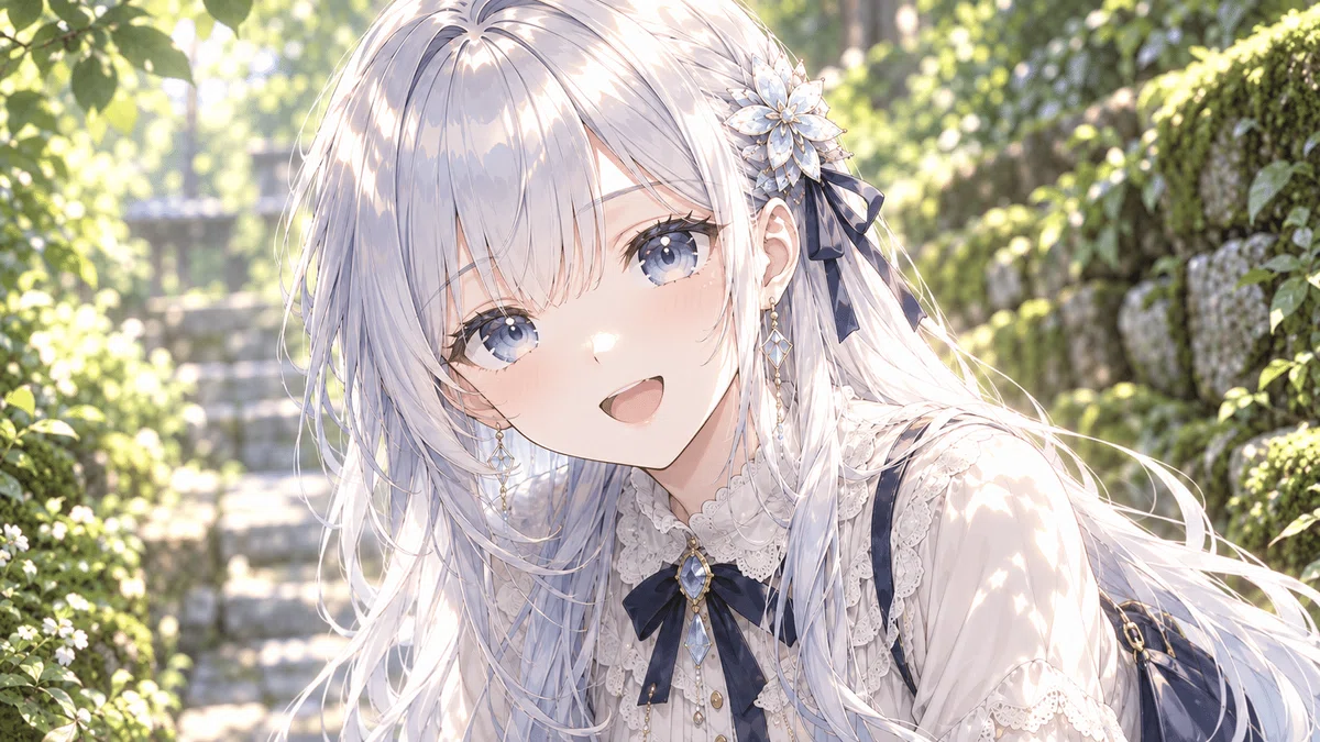 かたつむりを見つけて顔を上げ、木漏れ日の中で読者へ明るい笑顔を向けるツムギのアップ。