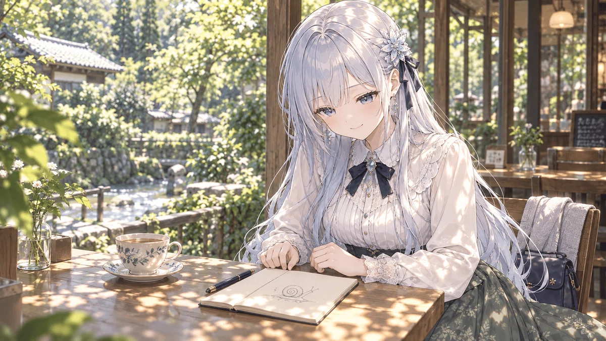 架空の喫茶スペースで、小さなかたつむりの線画を描いたノートを見下ろすツムギ。お茶とペンが置かれ、午後の光が卓上に落ちる。