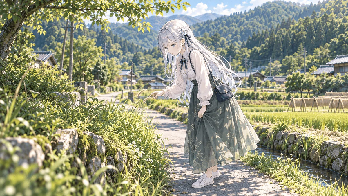山と田畑に囲まれた舗装路で、ツムギが道端の草の穂をのぞき込む。畑には入らず、道の上で身をかがめている。