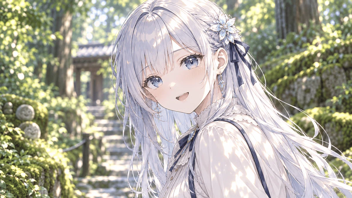 小さな発見を伝えたくて読者の方を向くツムギのアップ。緑の木漏れ日を受け、目を輝かせて嬉しそうに笑っている。