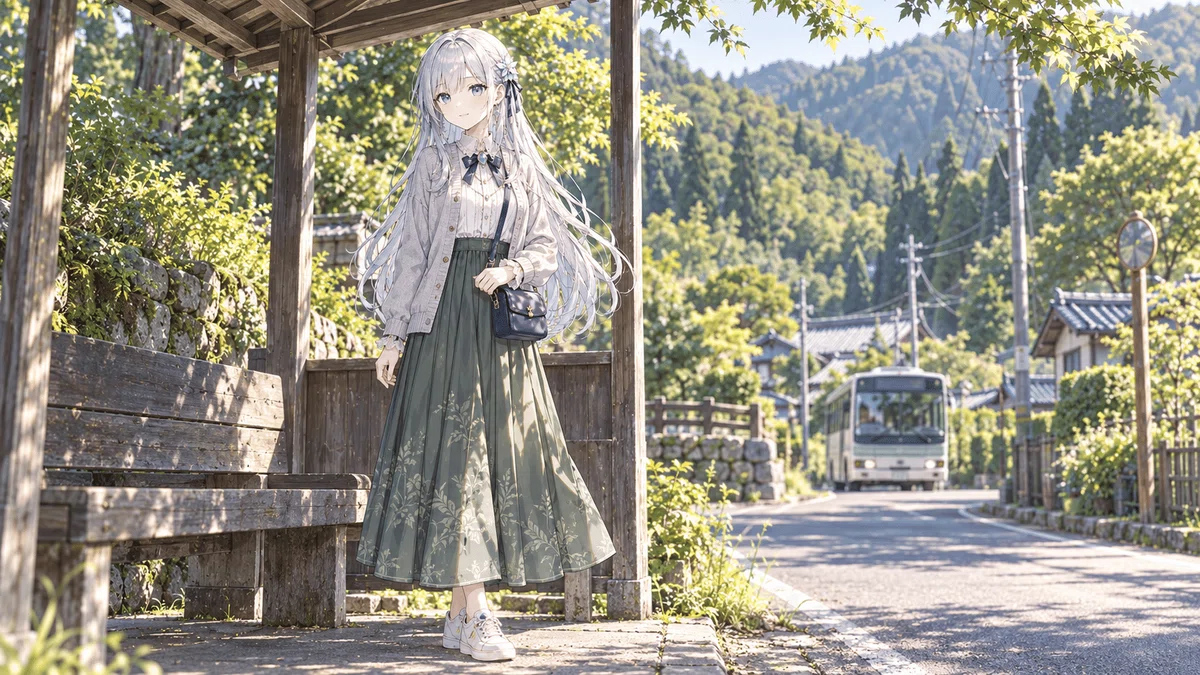 午後の大原をイメージしたバス停で、薄い灰色のカーディガンを羽織り、紺のバッグを持って帰りのバスを待つツムギ。