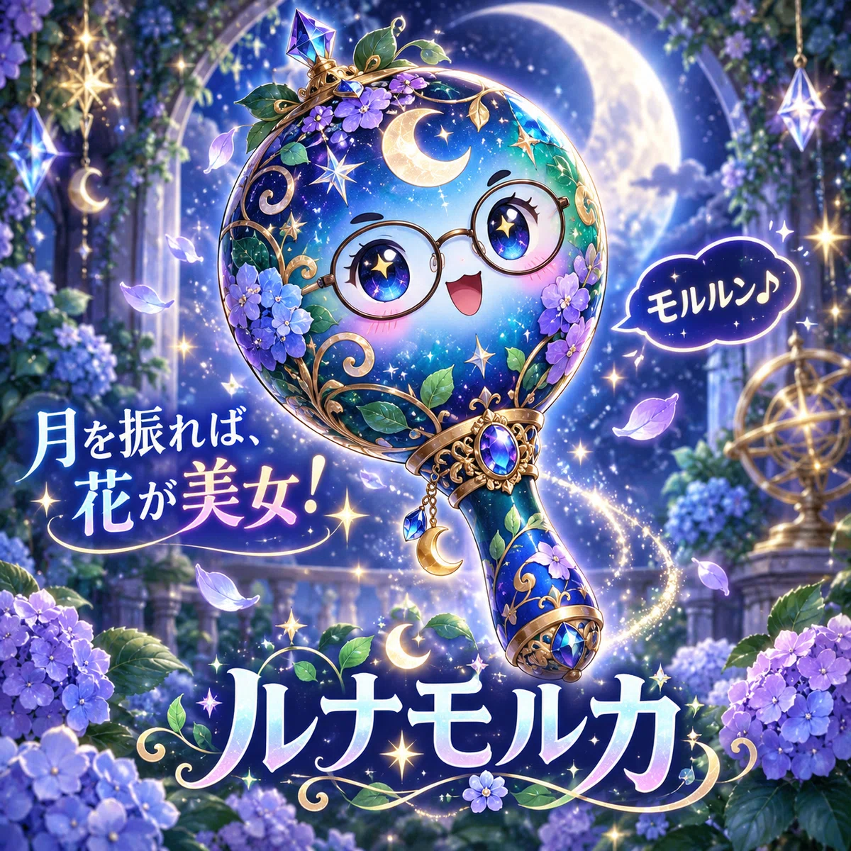 月夜と紫陽花に囲まれた、丸眼鏡の顔がある青紫色のマラカス「ルナモルカ」。画像には「月を振れば、花が美女！」「モルルン♪」と書かれている。