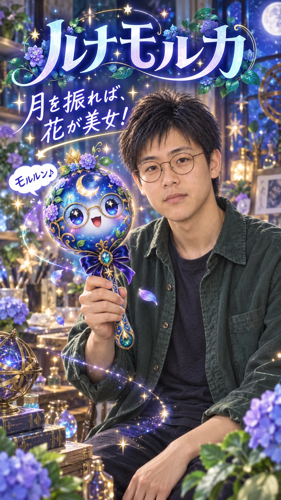 月と紫陽花が輝く幻想的な部屋で、丸眼鏡をかけたモフが青紫色のマラカス「ルナモルカ」を手に持っている。「月を振れば、花が美女！」「モルルン♪」と書かれている。