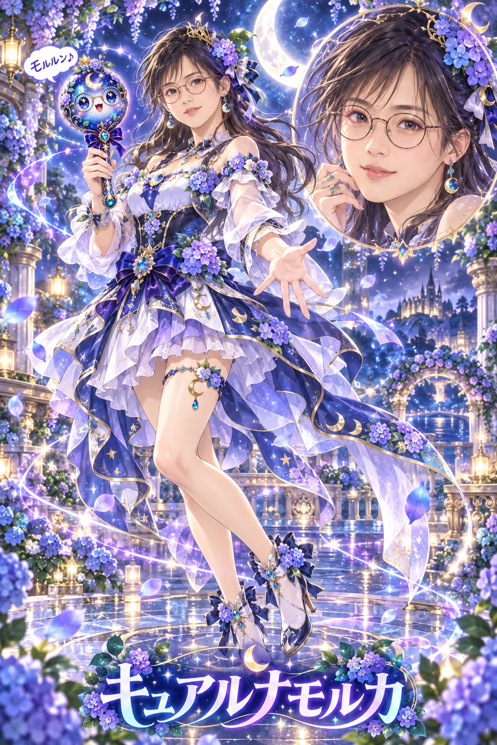 月夜の紫陽花園で、モフの面影と丸眼鏡を受け継いだ若い女性が、青紫色の魔法少女風衣装をまとい、ルナモルカを手に全身ポーズを決めている。右上には顔のクローズアップがあり、「モルルン♪」「キュアルナモルカ」と書かれている。