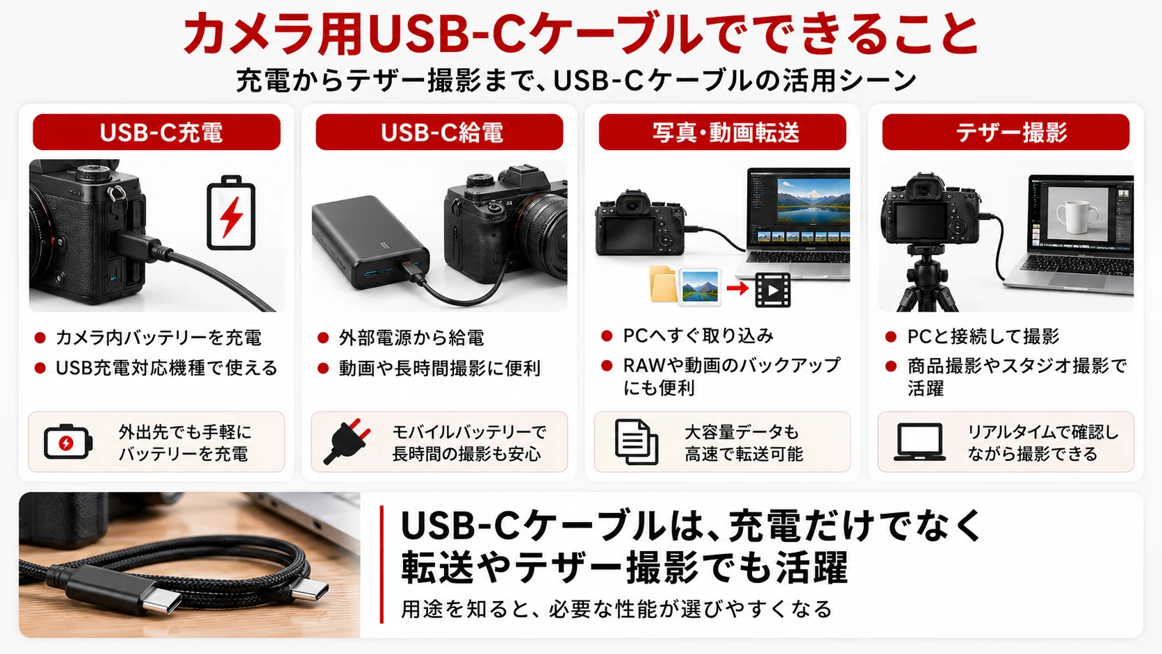 カメラ用USB-Cケーブルおすすめ3選｜充電・データ転送・テザー撮影で