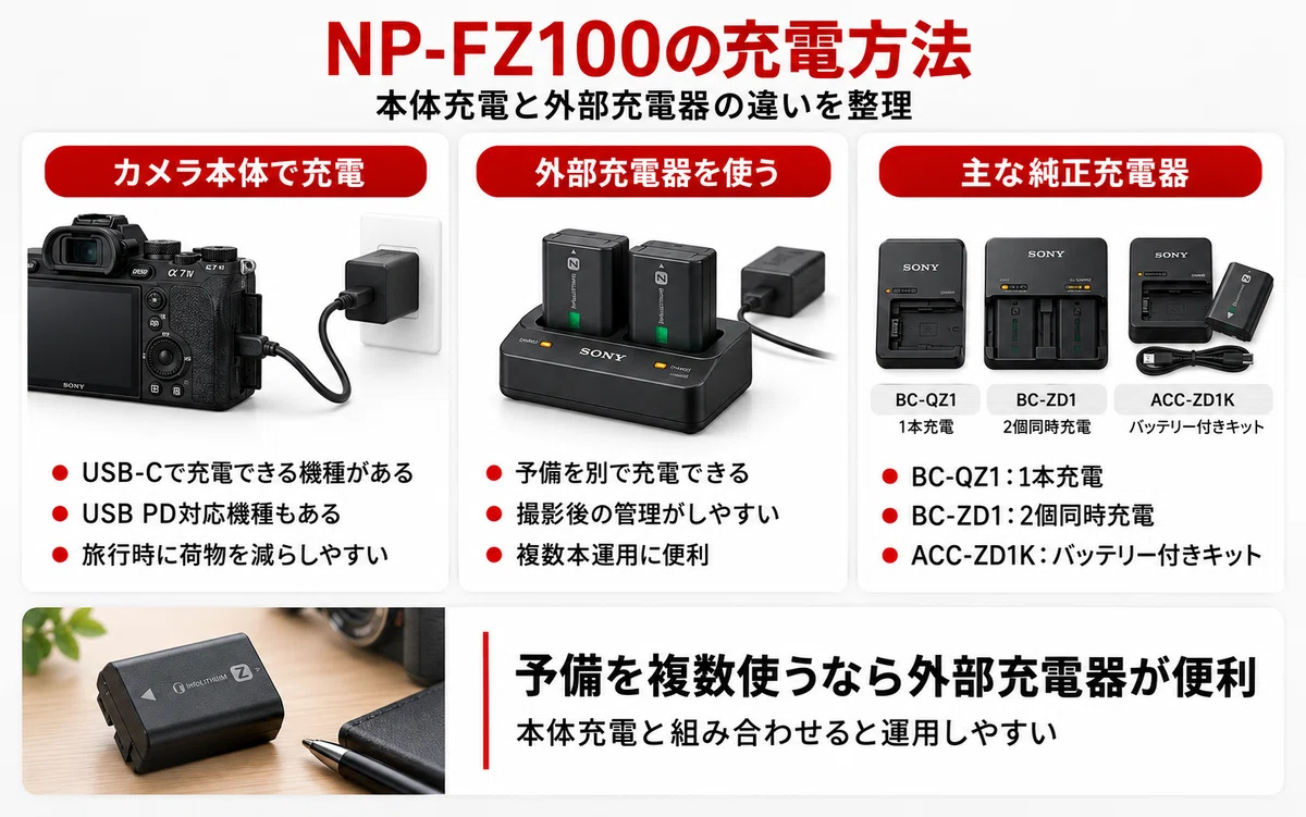 NP-FZ100バッテリーおすすめ｜純正・互換の違いと対応機種、充電方法