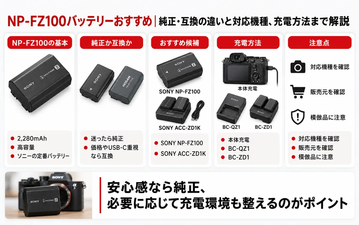NP-FZ100バッテリーおすすめ｜純正・互換の違いと対応機種、充電方法