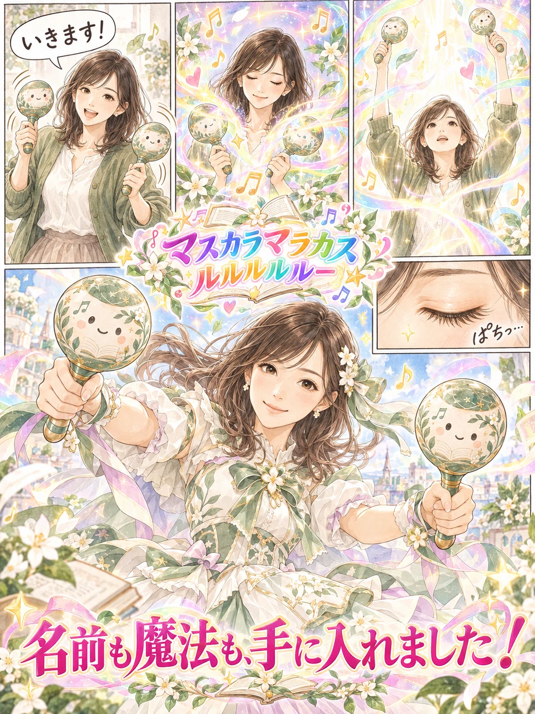 白いブラウスと緑のカーディガン姿の莉奈が、草花と本の模様をあしらった二本のマラカスを振り、虹色の光に包まれて魔法少女へ変身する五コマ漫画。目を閉じた目元のアップを経て、白と緑を基調とした衣装で二本のマラカスを構え、「名前も魔法も手に入れました！」と決める。