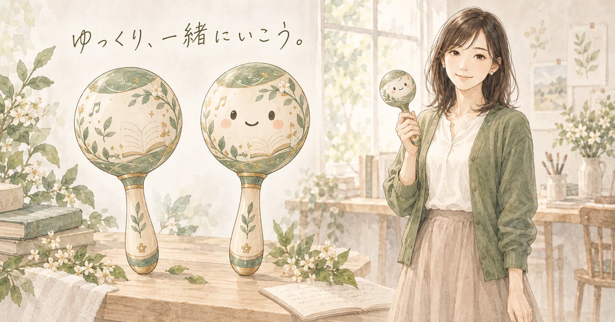 明るいアトリエを背景に、草花、本、音符をあしらった緑とクリーム色の二本のマラカスを大きく紹介する横長の水彩画。右側には、白いブラウスと緑のカーディガン姿の莉奈が、同じデザインのマラカスを一本持って立っている。左上に「ゆっくり、一緒にいこう。」と書かれている。