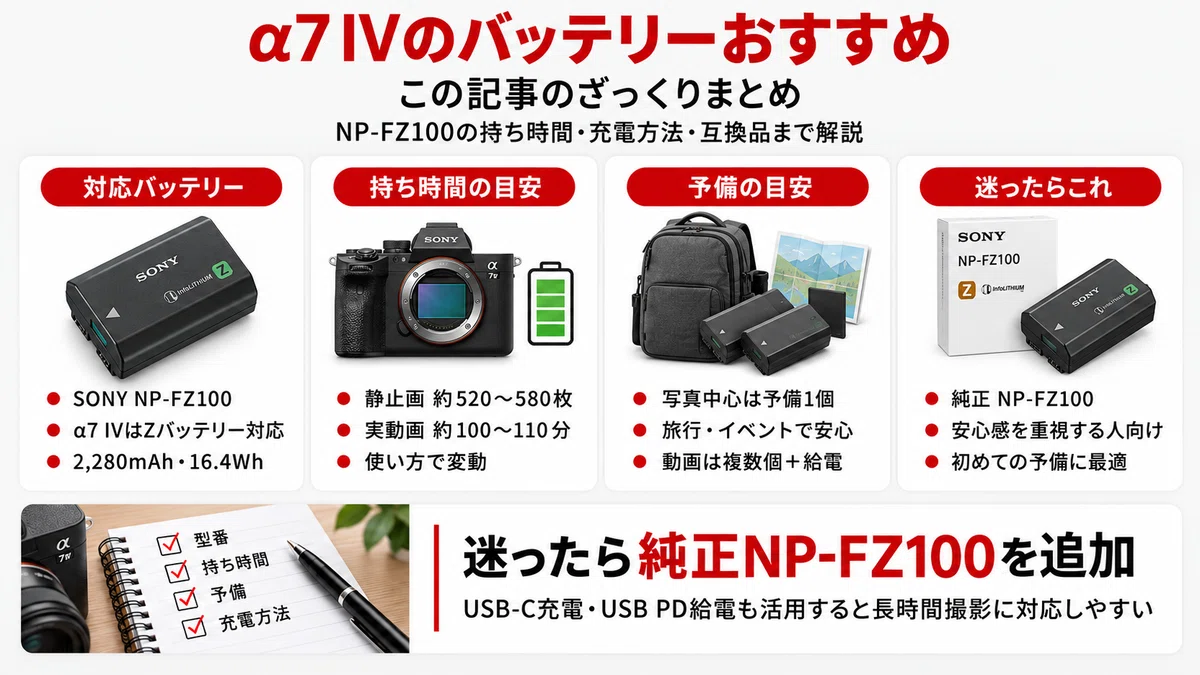 α7 IVのバッテリーおすすめ｜NP-FZ100の持ち時間・充電方法・互換品