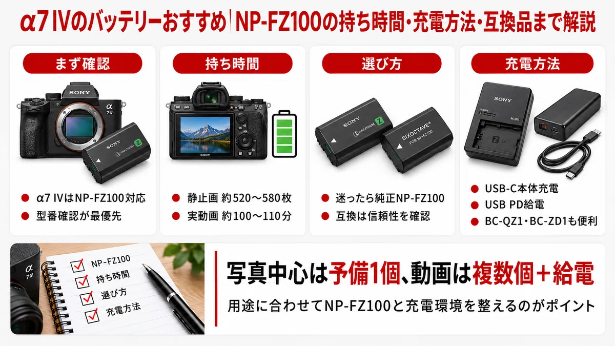 α7 IVのバッテリーおすすめ｜NP-FZ100の持ち時間・充電方法・互換品