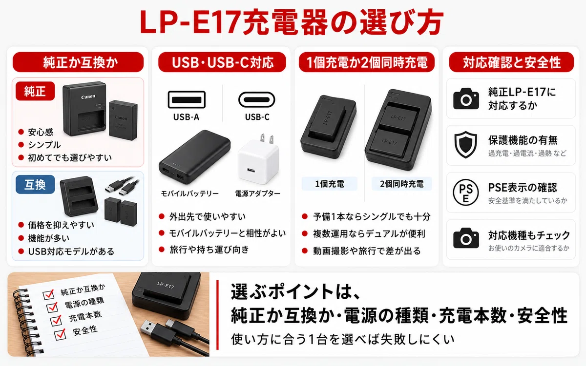 LP-E17充電器おすすめ4選｜純正LC-E17・USB-C・デュアル充電器の選び方