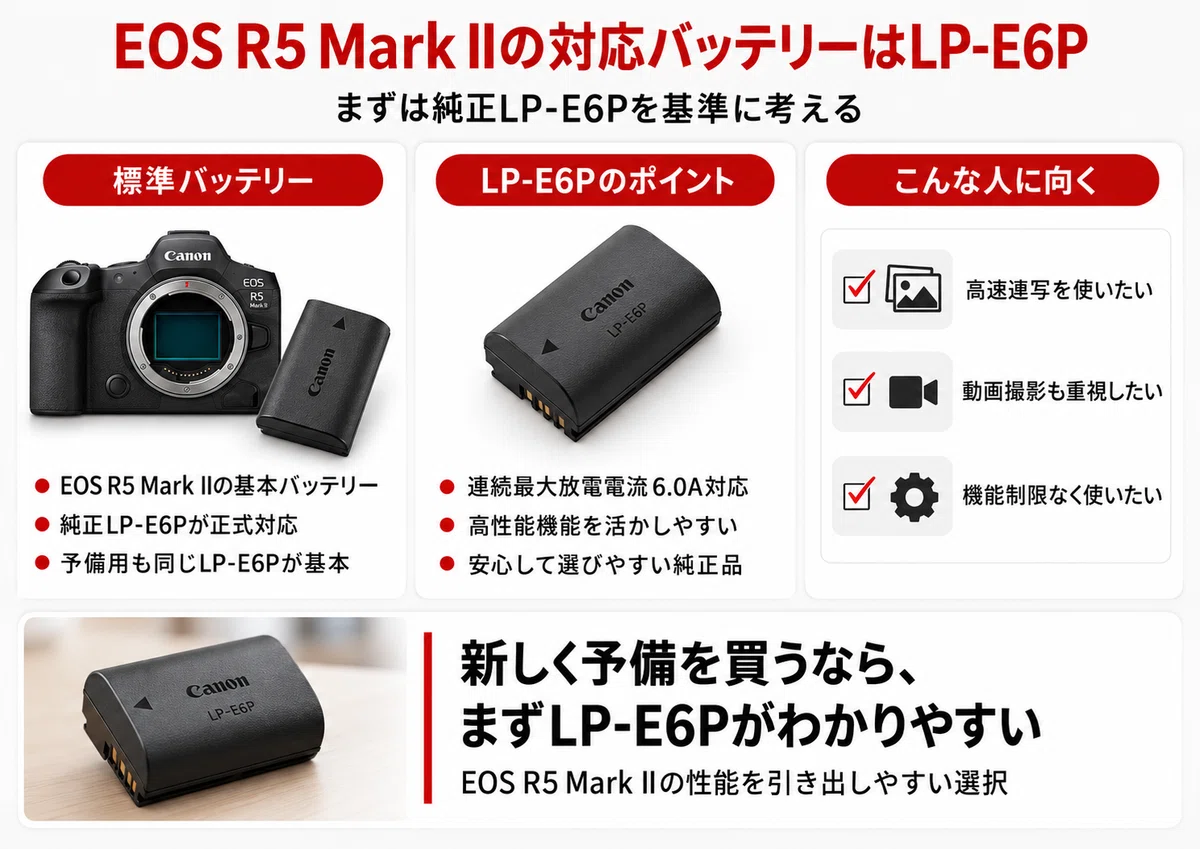 EOS R5 Mark IIのバッテリーおすすめ｜LP-E6P・LP-E6NHの違いや互換性