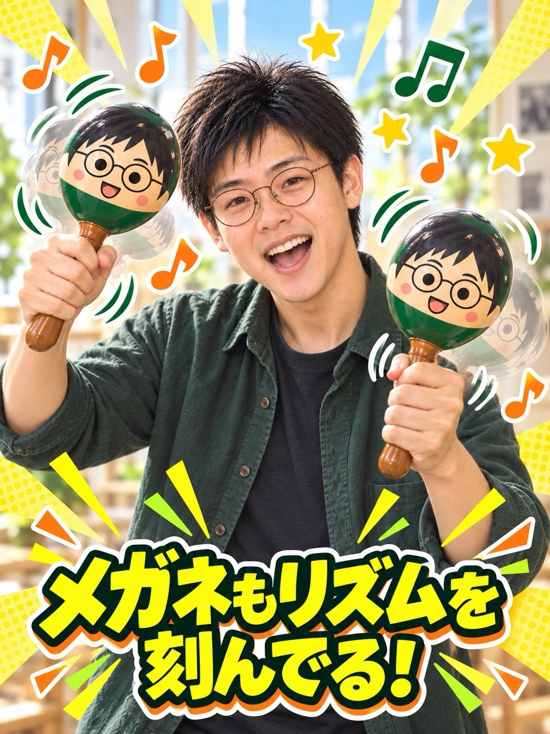 明るい室内で、短い黒髪に丸眼鏡、深緑色のシャツ姿の男性が、自分の顔を描いた緑色の丸いマラカスを両手に持って笑顔で振っている。周囲には黄色い星やオレンジ色と緑色の音符、動きを示す線が描かれ、下部に「メガネもリズムを刻んでる！」と大きく書かれている。