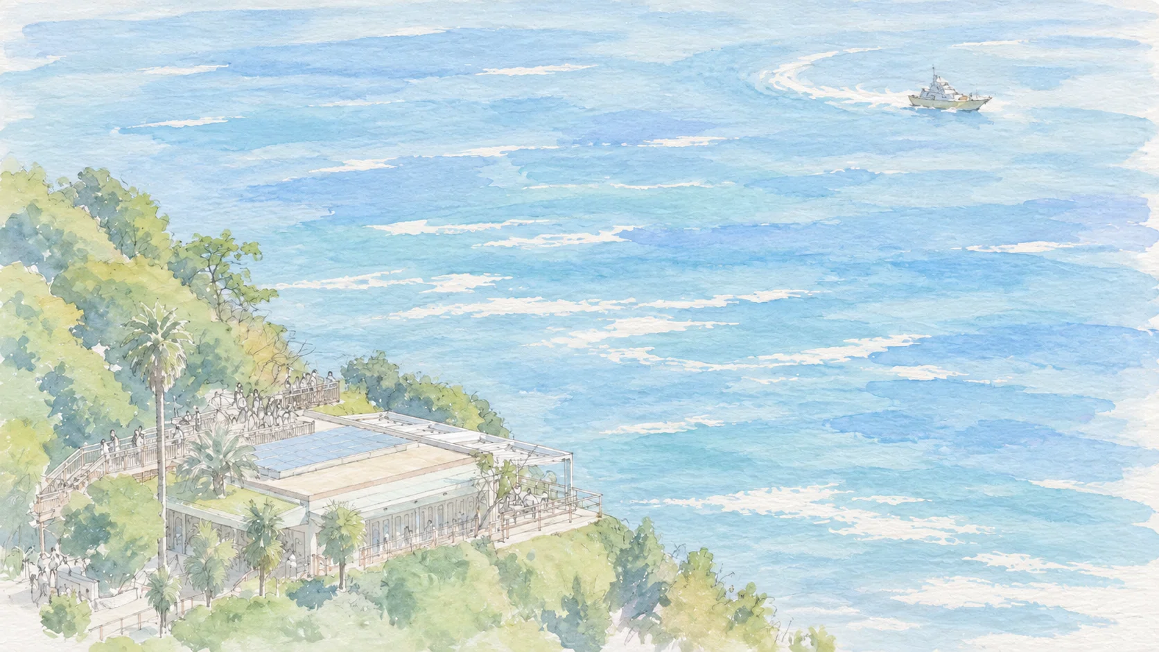 描き方解説GPT:15]江の島 シーキャンドルからの風景:水彩画《デュフィ