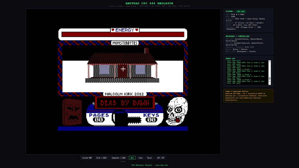 ブラウザで動く Amstrad CPC 464 エミュレーターを公開。 (JavaScript