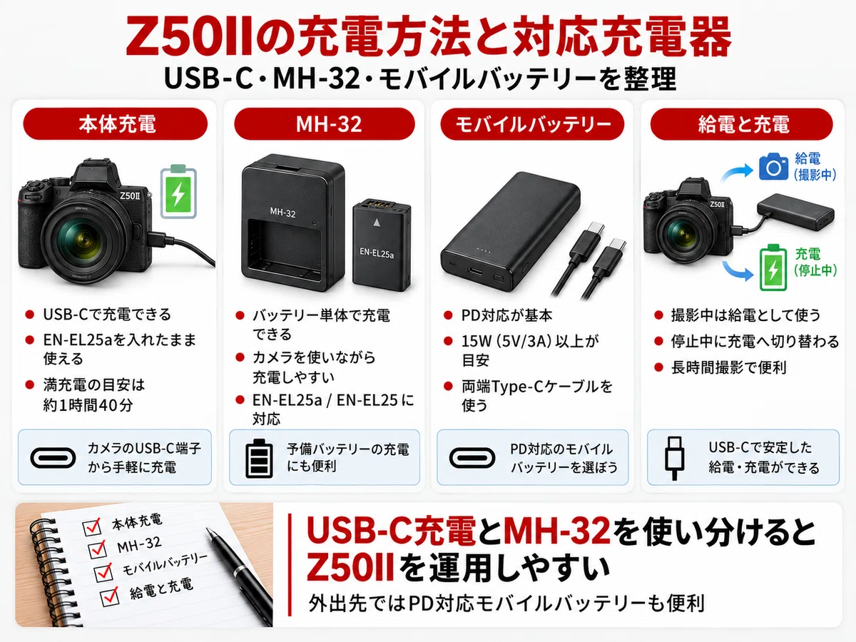 Z50II （ボディのみ）※予備バッテリー・SDカードなど付属品多数 Nikon Z50IIのバッテリーはEN-EL25a｜持ち・予備・充電器・互換性を
