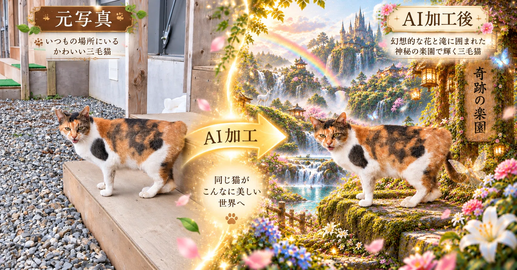 振り向く三毛猫、和紙25,4см×36,4cm 一枚の三毛猫の写真が、20の幻想世界へ｜あなたのペットを異世界や大切