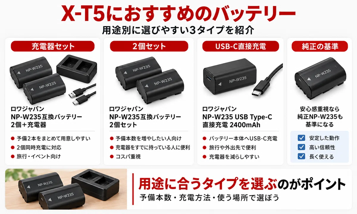 FUJIFILM X-T5のバッテリーおすすめ｜純正NP-W235・互換品・持ち・充電