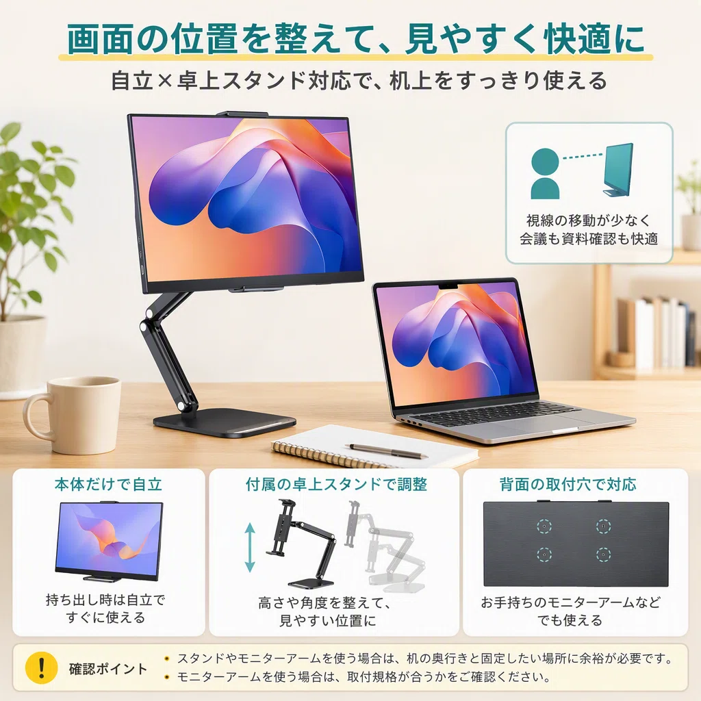 モバイルモニターを在宅勤務で使い、会議と資料を見比べる選び方｜素敵