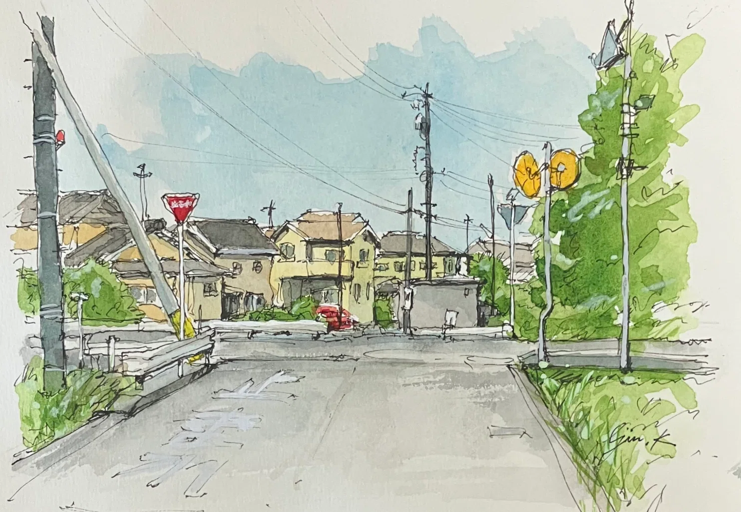 ペン画 風景画 A5サイズ 団地の水彩画【21/50】｜Ijin（維人）