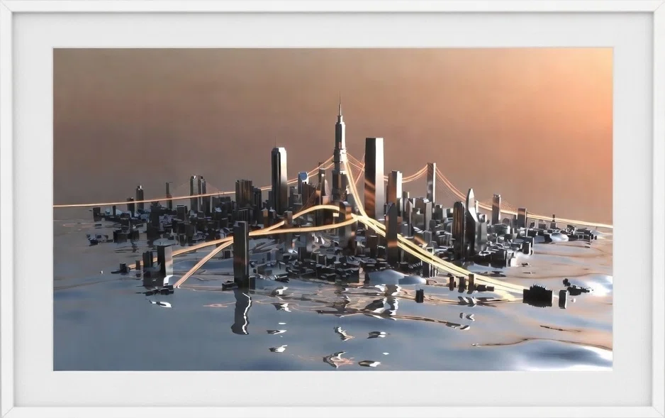 水銀の中から浮かび上がったような未来都市の遠景を描いたAIアートが純白のマットと額縁に入れられている。アート中の都市の中央部に特に高い高層ビル群が立ち並び、その間を金色に輝く高速道か鉄道のようなラインが優雅にうねっている。背景の空は淡い桃色のグラデーションで、ハイテクでありながら人間的な温かみを残した見たいを予感させる。