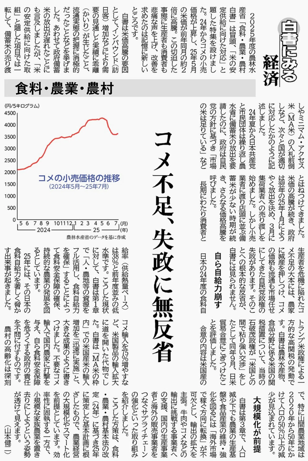 白書にみる経済 食料・農業・農村コメ不足、失政に無反省〜すべてがNに