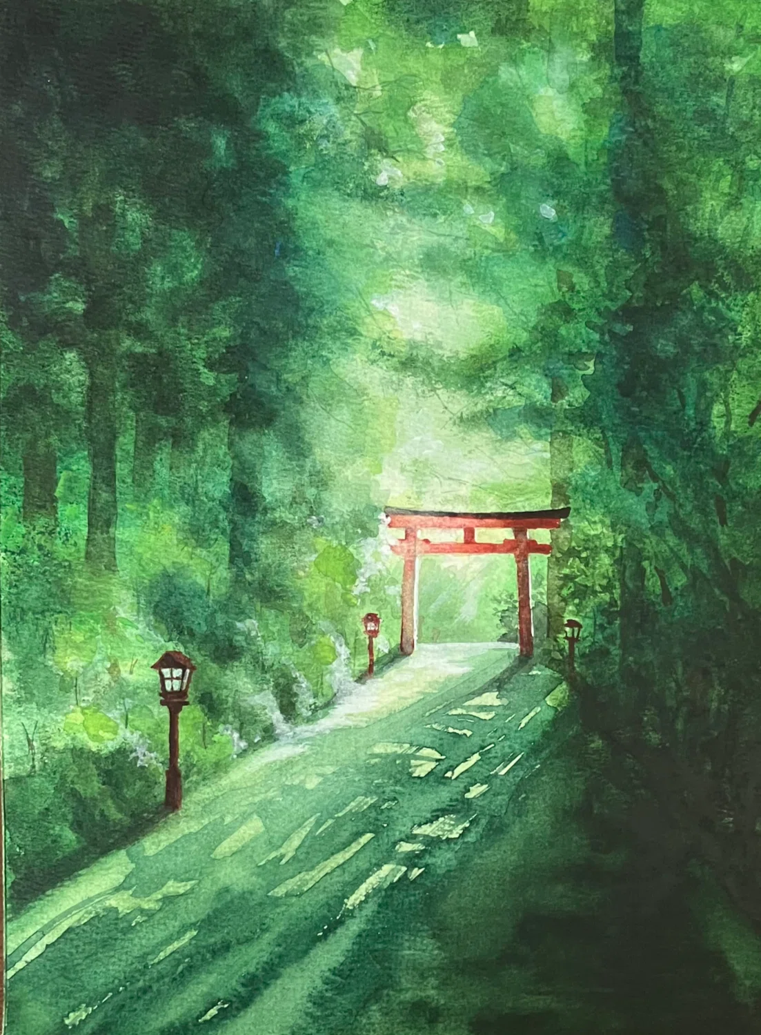 箱根神社朝靄の鳥居 水彩画｜Ijin（維人）