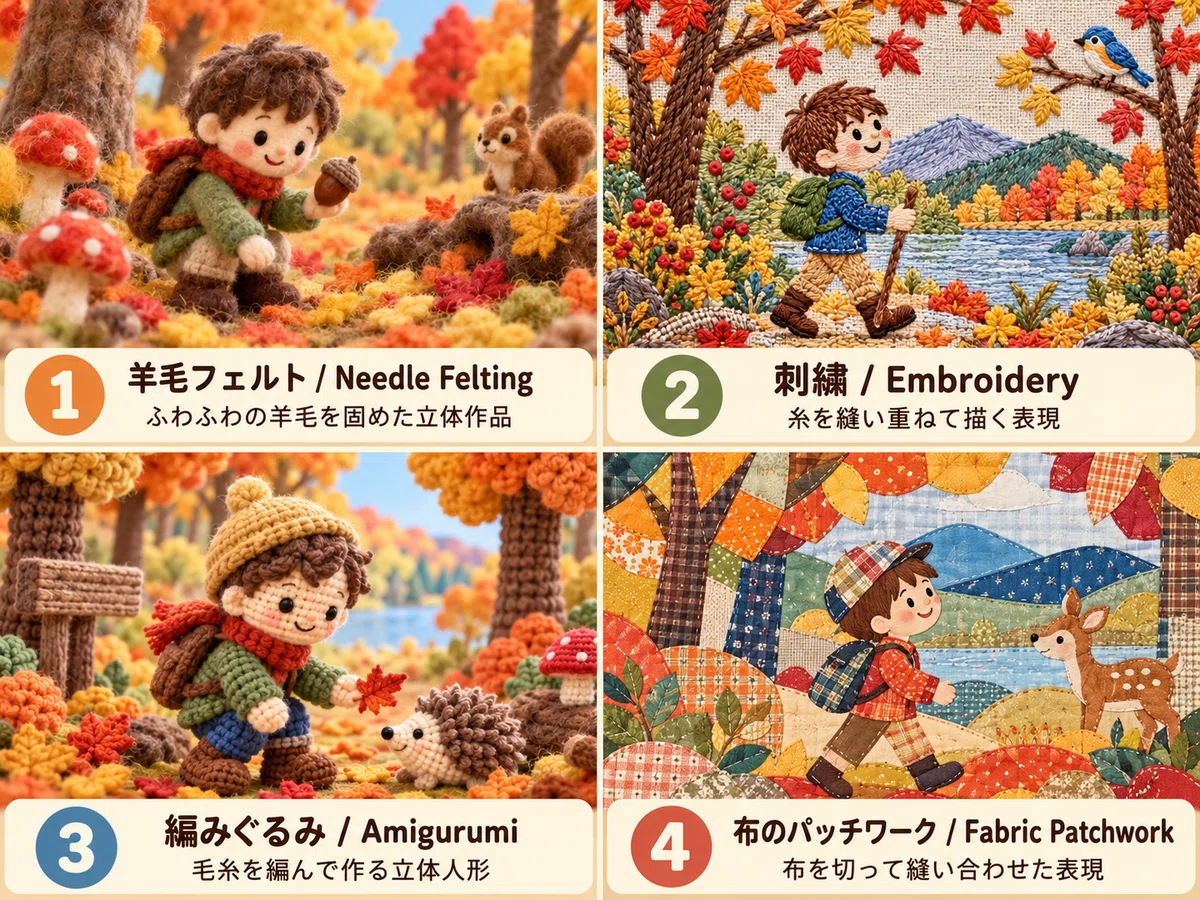 秋の森を探検する幼い男の子を、1・羊毛フェルト、2・刺繍、3・編みぐるみ、4・布のパッチワークで表した比較画像。それぞれに表現名と短い説明が添えられている。