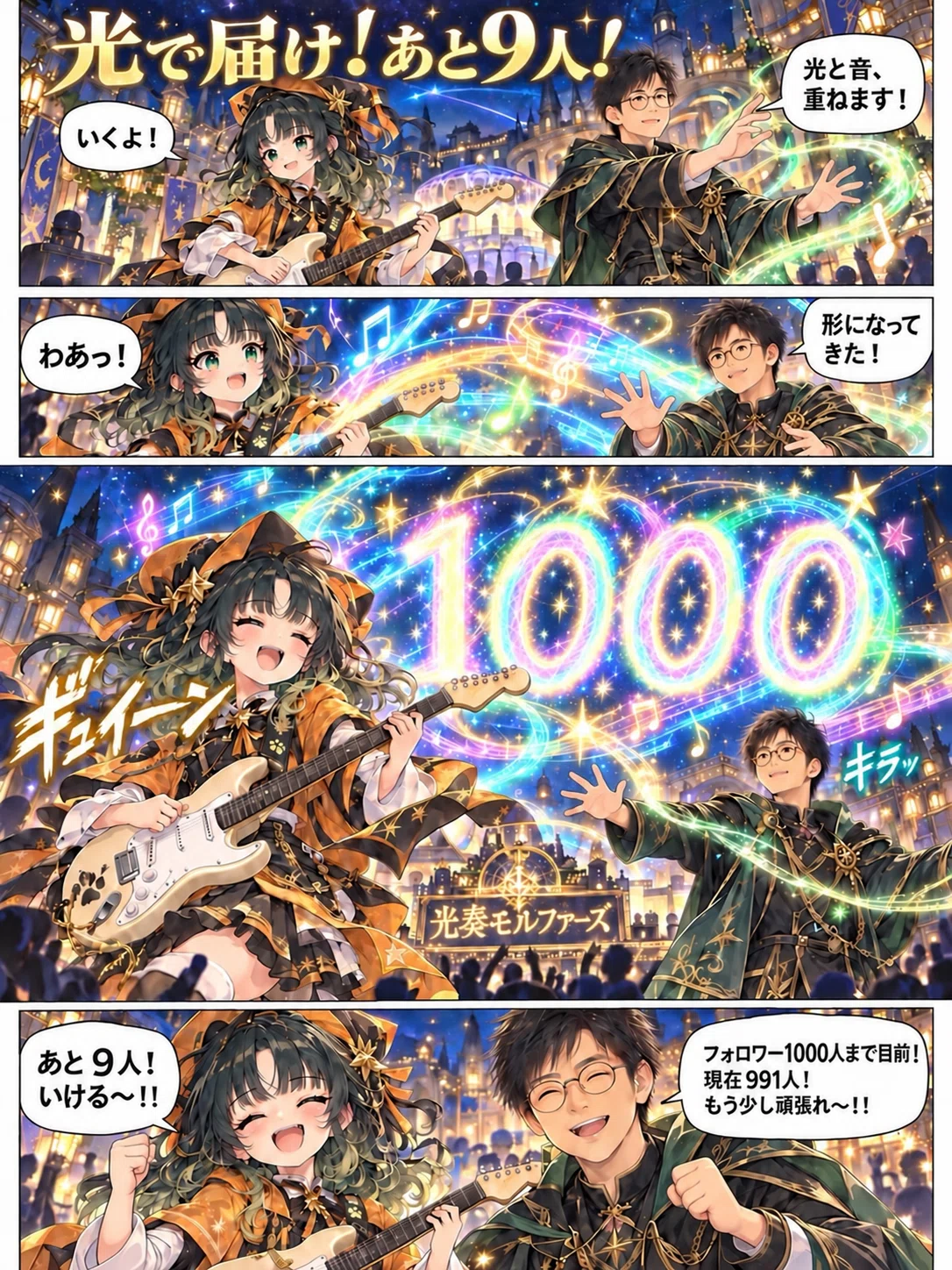 星空のライブ会場で、ギターを演奏するわかモンさんと光の演出を操るモフが、フォロワー1000人まであと9人と応援する縦長4コマ漫画。