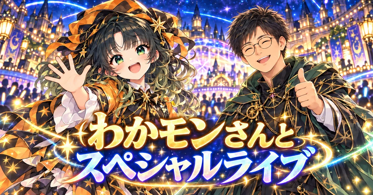星空のライブ会場で、ギターを持つわかモンさんと丸眼鏡のモフが笑顔で並び、「わかモンさんとスペシャルライブ」と書かれた横長のアイキャッチ画像。