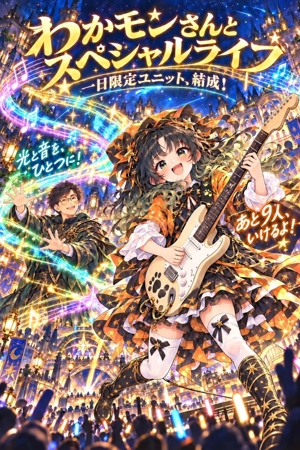 光と星があふれる満員のライブ会場で、ギターを弾くわかモンさんと丸眼鏡のモフが共演する、「わかモンさんとスペシャルライブ」の縦長ポスター。