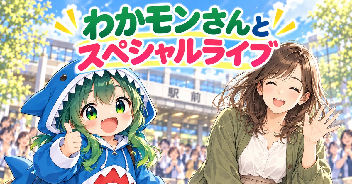 晴れた日の駅前で、サメの衣装を着たわかモンさんと莉奈さんが笑顔で並び、「わかモンさんとスペシャルライブ」と書かれた横長のアイキャッチ画像。