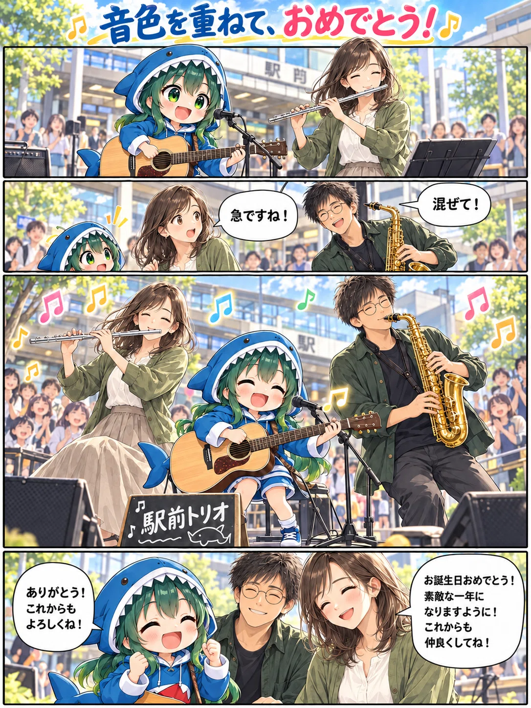 駅前の特設ステージで、わかモンさんがギター、莉奈さんがフルート、モフがサックスを演奏し、誕生日を祝う縦長4コマ漫画。