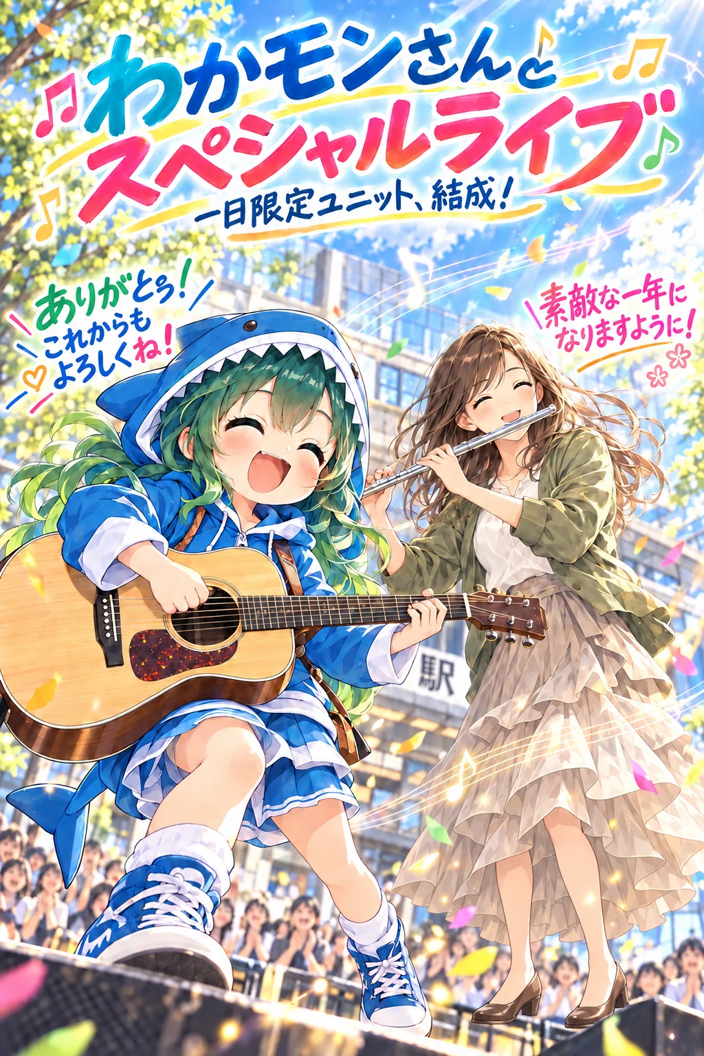 駅前ライブで、サメの衣装を着たわかモンさんがギターを弾き、莉奈さんがフルートを奏でる、「わかモンさんとスペシャルライブ」の縦長ポスター。
