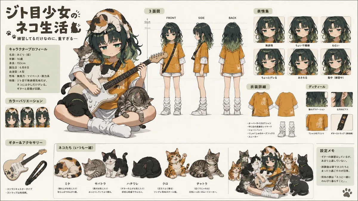 猫たちに囲まれ、ギターを抱えた緑がかった黒髪の少女を中心に、正面・側面・背面や表情、衣装などをまとめたキャラクター設定資料。