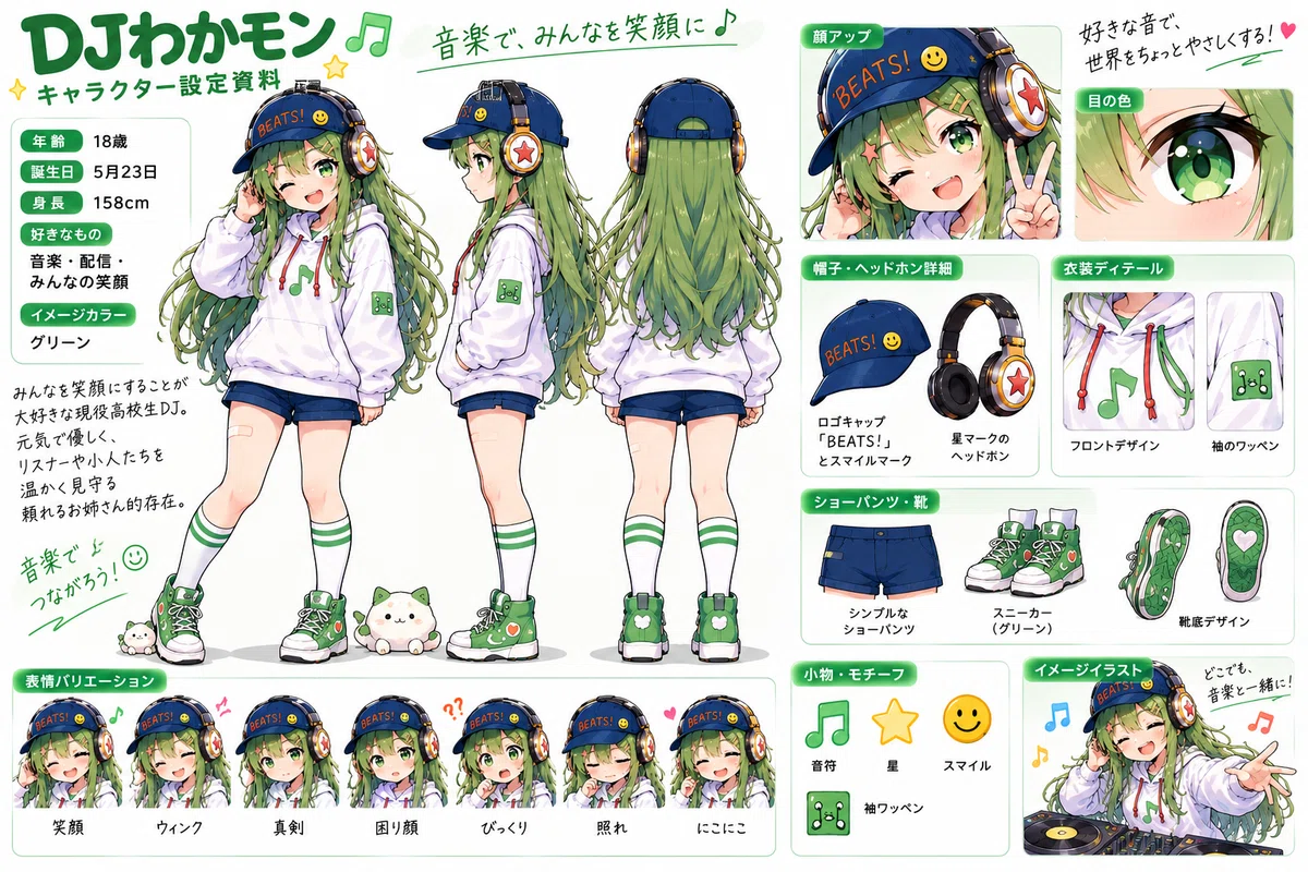 青い帽子とヘッドホンを身につけた緑髪のDJわかモンを、正面・側面・背面、表情や衣装の細部とともにまとめたキャラクター設定資料。