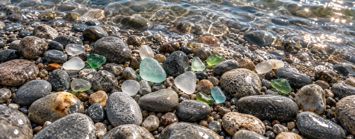 波打ち際の丸い小石の間に見える緑・水色・白のシーグラス。