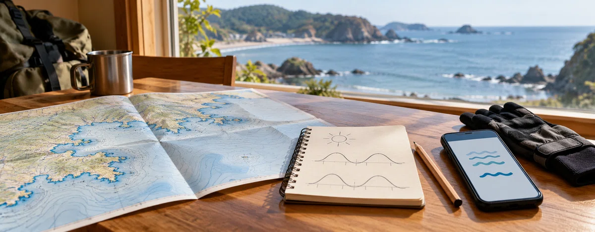 海を望む窓辺に広げた地図、ノート、スマートフォンと手袋。