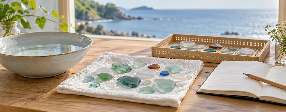 水の入った器、洗ったシーグラスを広げた布、乾燥用のかごとノート。