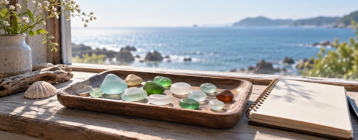 海の見える窓辺の木製トレーに並べた色とりどりのシーグラス。