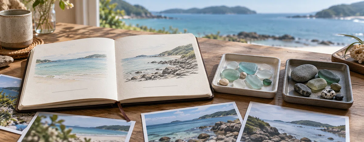 海岸の絵を描いたノート、浜辺の写真、仕分けたシーグラスと小石。