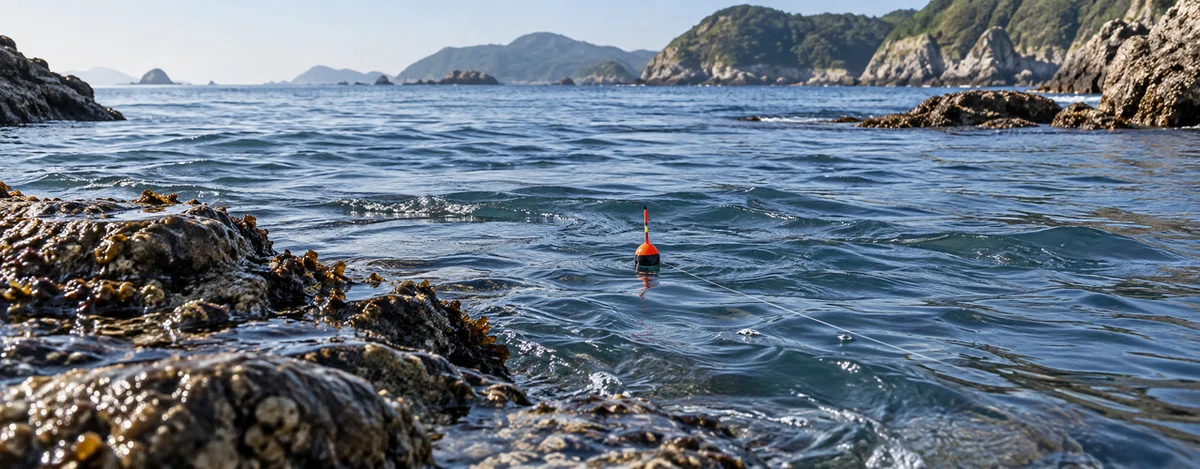 岩礁の間を流れる潮に浮くウキと、広がる海の景色