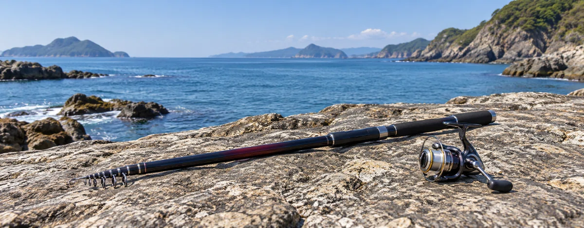磯釣りに使う長い竿とスピニングリール