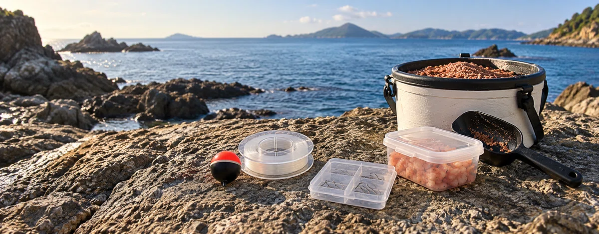 ウキ釣りの仕掛けと餌を磯で準備する様子