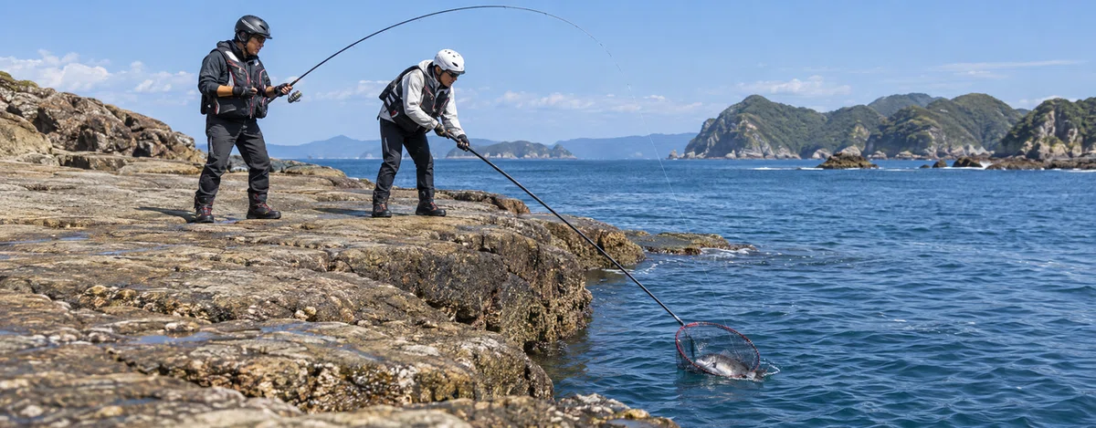 広い岩場から長いタモ網で魚を取り込む2人の釣り人
