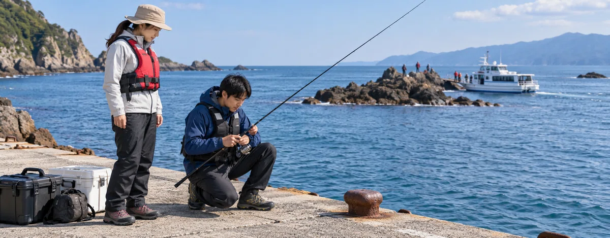 救命胴衣を着けた釣り人が堤防で仕掛けを準備する様子