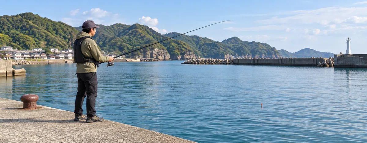 足場が安定した堤防で釣り竿と仕掛けの扱いを練習する様子
