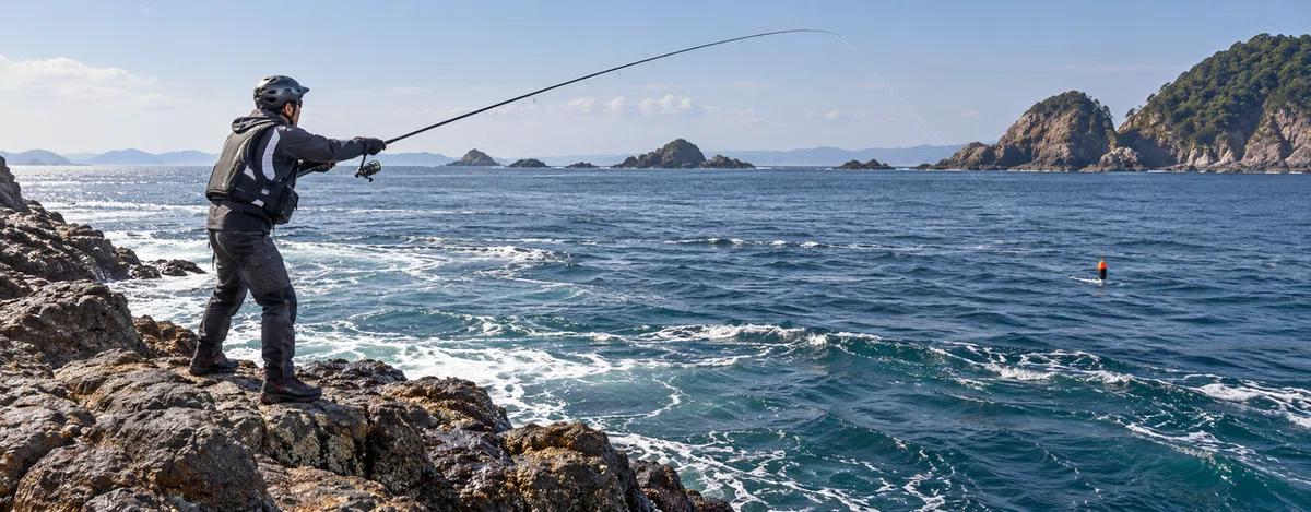 潮を見ながらウキ仕掛けを海へ投入する磯釣り
